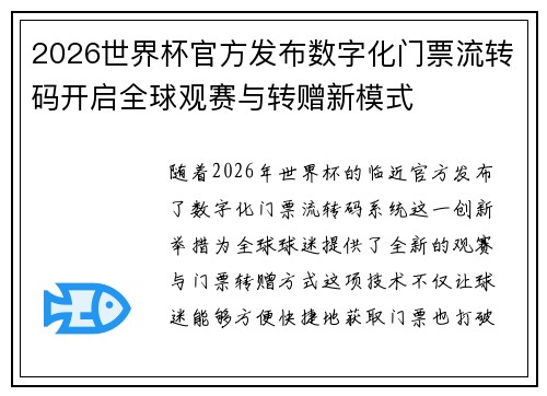 2026世界杯官方发布数字化门票流转码开启全球观赛与转赠新模式 2026世界杯官方发布数字化门票流转码开启全球观赛与转赠新模式