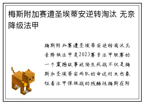 梅斯附加赛遭圣埃蒂安逆转淘汰 无奈降级法甲 梅斯附加赛遭圣埃蒂安逆转淘汰 无奈降级法甲