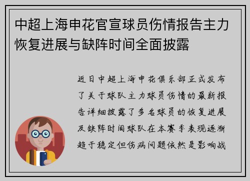中超上海申花官宣球员伤情报告主力恢复进展与缺阵时间全面披露 中超上海申花官宣球员伤情报告主力恢复进展与缺阵时间全面披露